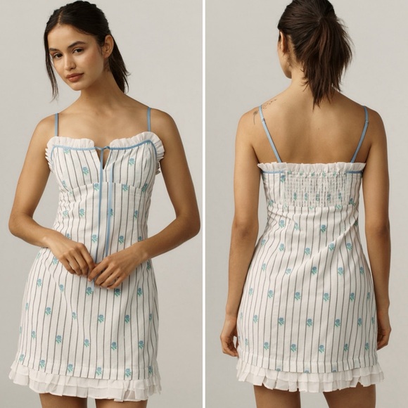 Anthropologie Maeve Blue Jacquard Floral Ruffle Hem Mini Dress Size Size Small - Picture 8 of 8